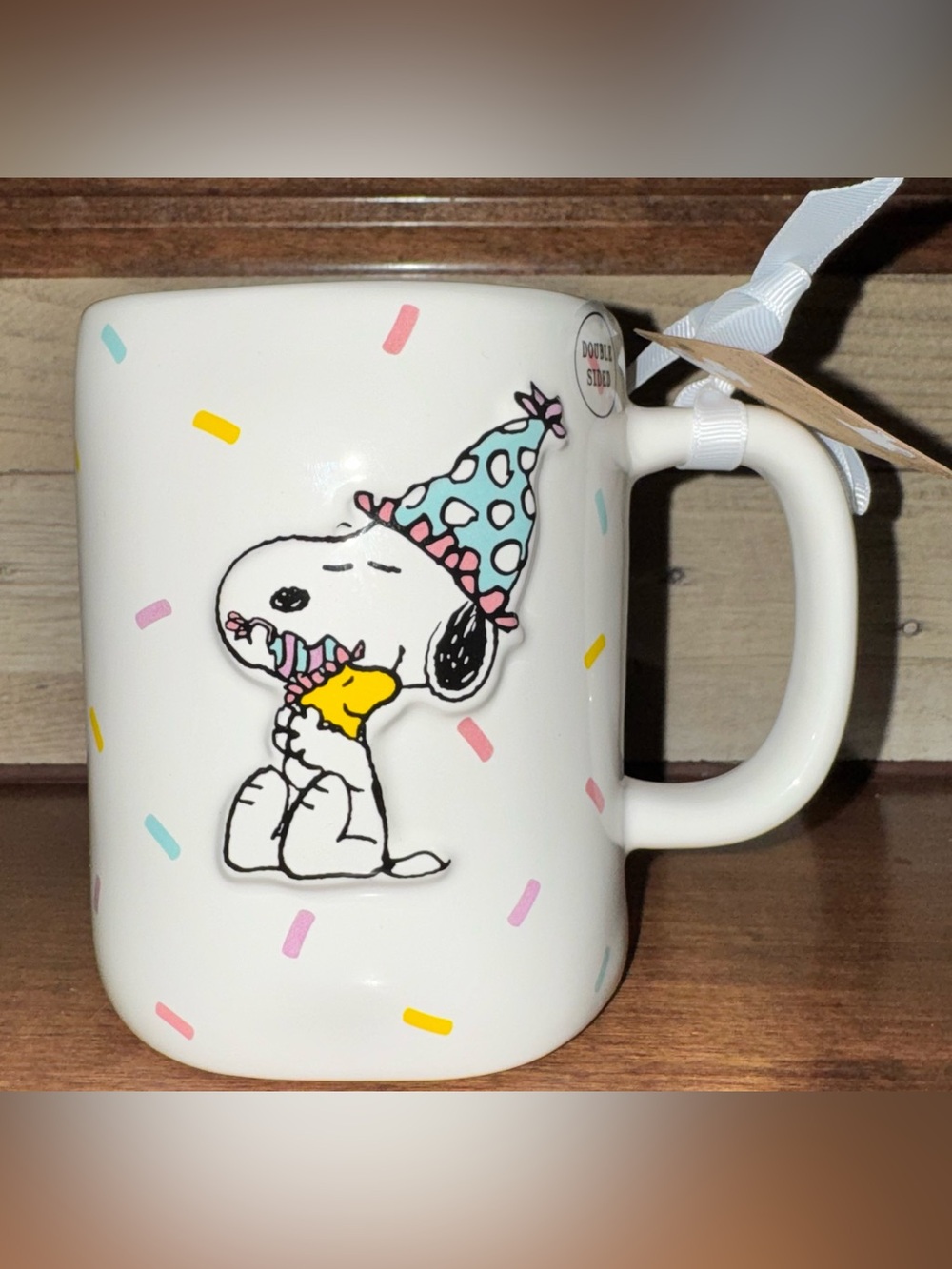 🥰 RAE DUNN Peanuts SNOOPY & WOODSTOCK HAPPY BIRTHDAY HAT Pastel Confetti 🎉 Mug